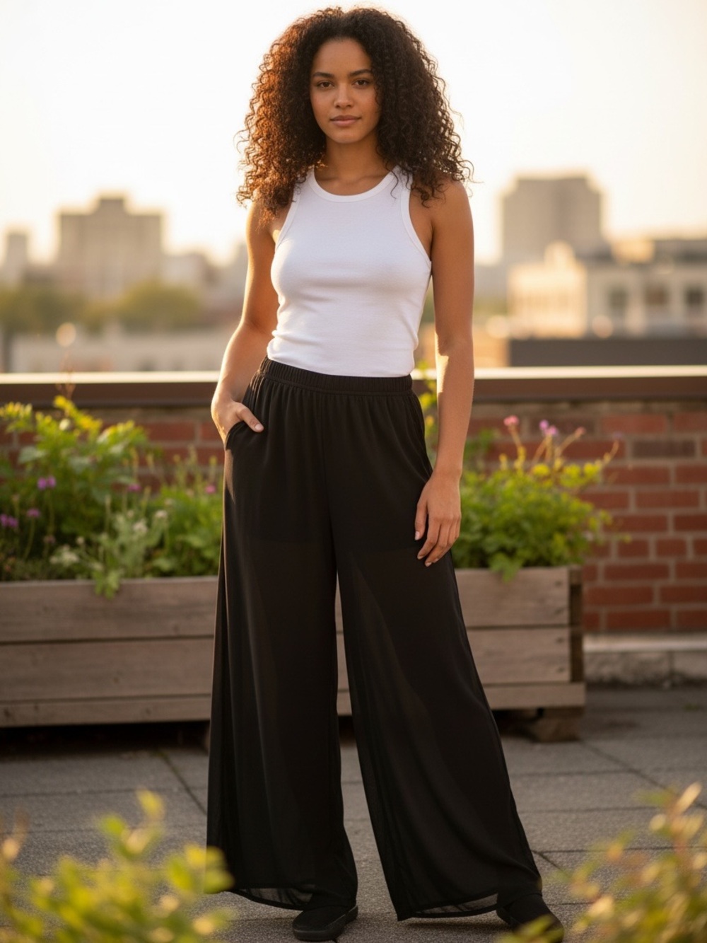 Black Sheer Wide-Leg Palazzo Pants